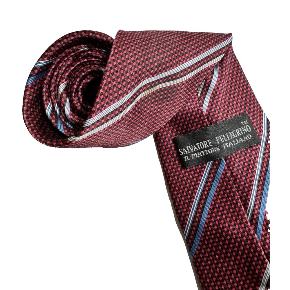 Salvatore Ferragamo Red/Blue Striped Tie Necktie Hand Made 100% Silk 60"x4"